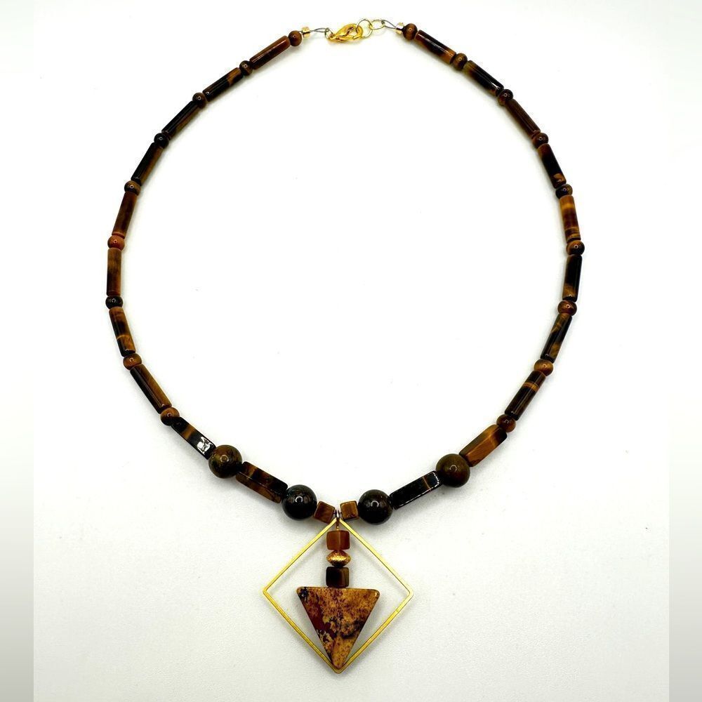17" Revived Tiger's Eye, PictureāJasper, andā Azurite beaded necklace!